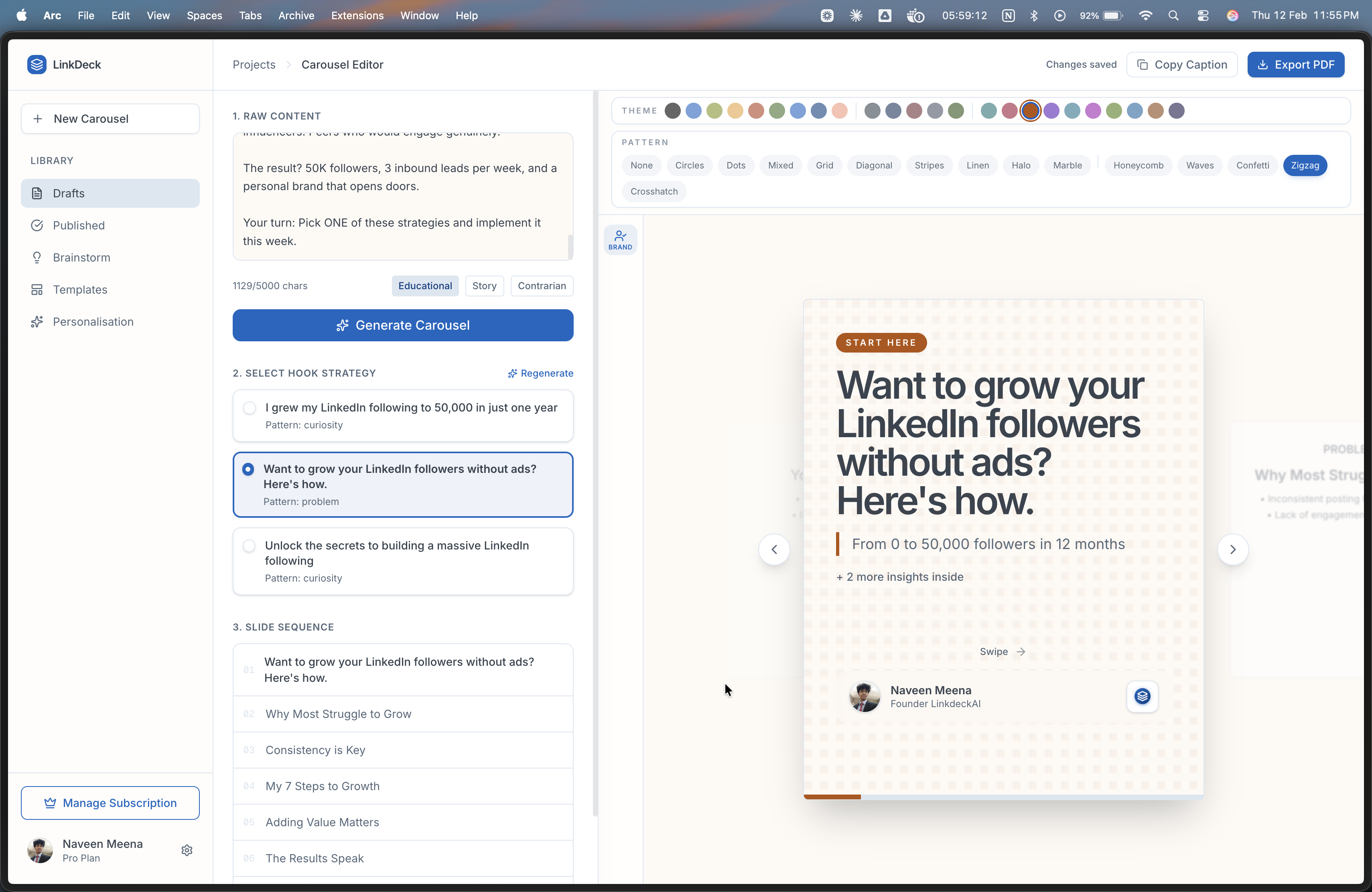 LinkDeck AI dashboard showing the carousel editor with content input, hook selection, slide sequence, and live preview with theme customization